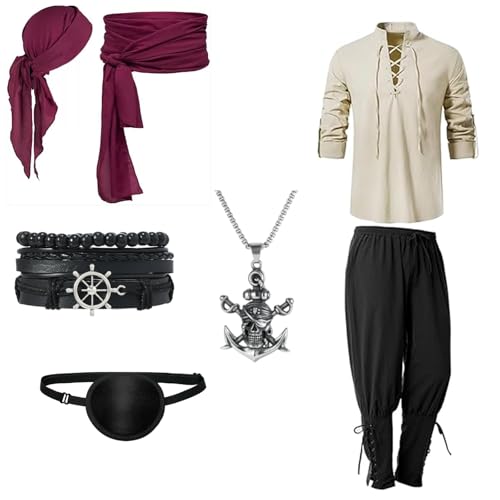 Moerstar Piratenkostüm Erwachsene Herren, Piratenkostüm Zubehör Set mit Hemd Hose Bandana Halskette Augenklappe Armband Gürtel für Halloween Karneval Cosplay Party (L) von Moerstar