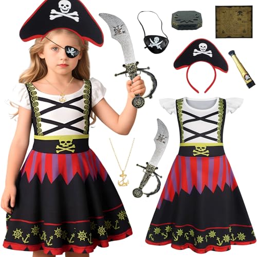 Moerstar Piratenkostüm für Mädchen, Halloween, Kinder, Piratenkostüm mit Kleid, Augenklappe, Stirnband, Schwert, Halskette, Karte, Teleskop-Kompass für Halloween, Verkleidungsparty (130) von Moerstar