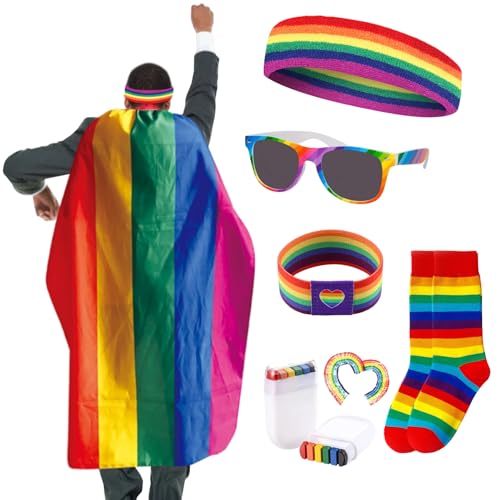 Moerstar Pride Zubehör Set, Gay Pride Dekorationen Set mit Regenbogen Flagge Umhang Sport Regenbogen Gesichtsbemalung Armband Armbänder Stirnband Socken Brille Lgbtq Zubehör für Party Paraden von Moerstar