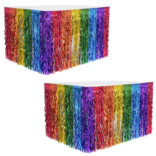 Moerstar Regenbogen-Tischrock, LGBTQ-Geschirr, Regenbogen-Party-Dekorationen, bunte Folienfransen-Lametta-Tischröcke für Pride-Monatsparty, 2 Stück von Moerstar