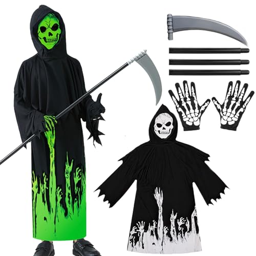 Moerstar Schwarzer Sensenmann Kostüm Kinder Halloween Schwarz Sensenmann Kostüm Set mit Skelett Outfit Nachtleuchtende Maske Sense Handschuhe für Halloween Karneval Cosplay (S) von Moerstar