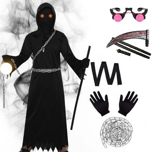 Moerstar Sensenmann Kostüm Kinder, Halloween Jungen Sensenmann Kostüm Set mit Kapuze Sense Kette Rotlicht Brille für Halloween Karneval Dress Up (L) von Moerstar