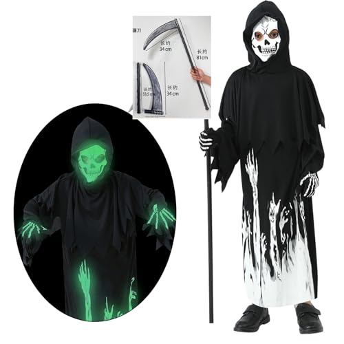 Moerstar Sensenmann Kostüm Kinder mit Sense, Grim Reaper Costume Set mit Kostüm Skelett Leuchten Im Dunkeln Masken Sense Handschuhe, Halloween Kostüm Cosplay für Halloween Karneval (M) von Moerstar