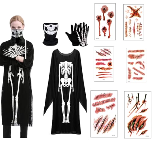 Moerstar Skelett Kostüm Damen, Halloween Skelett Robe Set mit Maske Handschuhe Tattoo Aufkleber für Cosplay Halloween Karneval Moerstar Skelett Kostüm Damen, Halloween Skelett Robe Set mit Maske Handschuhe Tattoo Aufkleber für Cosplay Halloween Karneval von Moerstar