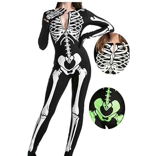 Moerstar Skelett Kostüm Damen Halloween Skelett Overall Jumpsuit Damen für Halloween Karneval Cosplay Maskerade Party (M) von Moerstar