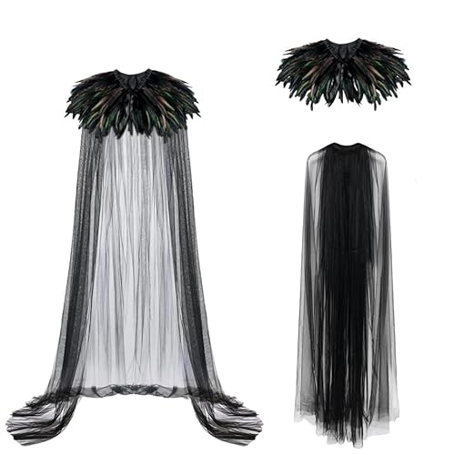 Moerstar Tüll Umhang mit Federkragen Halloween Schwarzer Feder Cape Lang Damen Herren Königin Hexe Vampir Kostüm für Halloween Karneval Cosplay Party von Moerstar