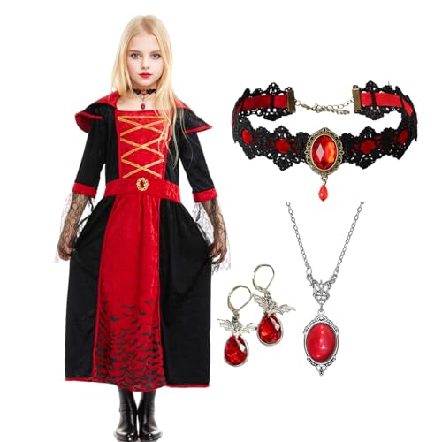 Moerstar Vampir Kostüm Kinder, Halloween Kostüm Vampir Mädchen mit Choker Halskette Ohrringe, Vampire Costume Set für Halloween Karneval Party (Stil2, S) von Moerstar