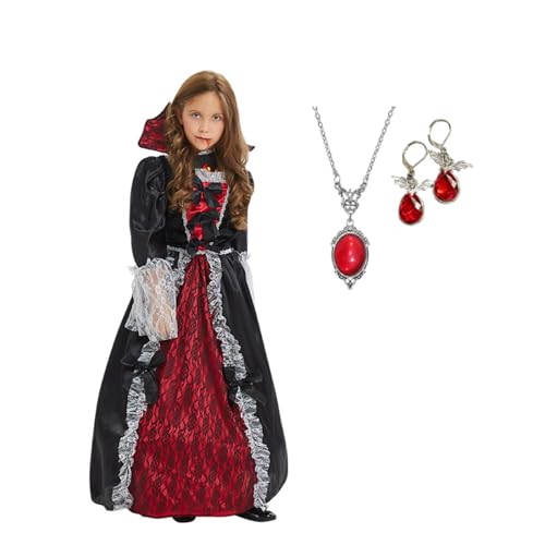 Moerstar Vampir Kostüm Kinder Mädchen, Halloween Königin Vampir Kleid Set mit Halskette Ohrringe, Halloween Kostüm Kinder (M) von Moerstar