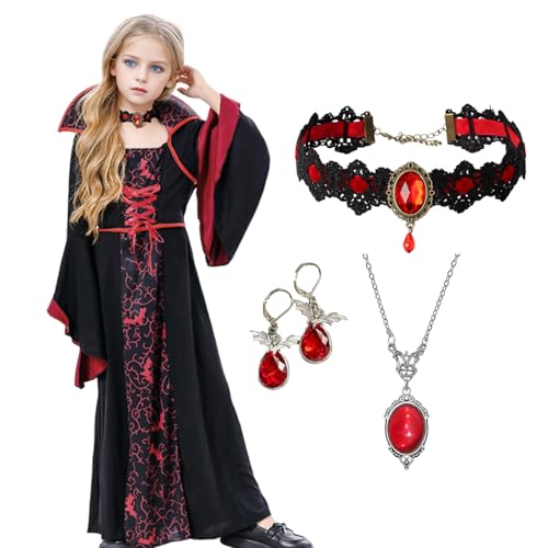 Moerstar Vampirkostüm Kinder Mädchen, Halloween Vampir Kostüm Set mit Choker Halskette Ohrringen, Halloween Verkleidung Cosplay Kostüm Kinder für Karneval Halloween Party (Style1, XL) von Moerstar
