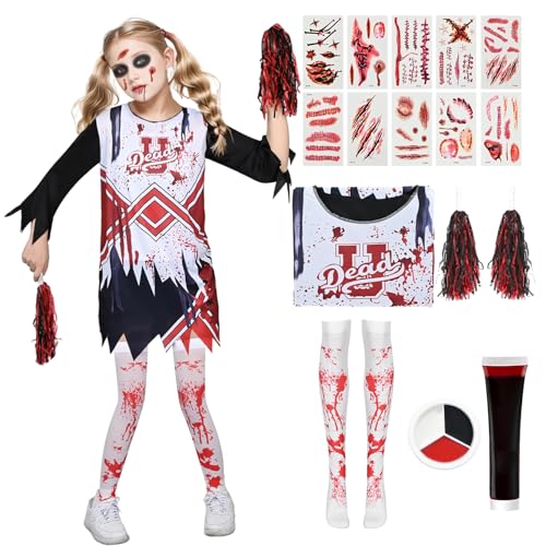 Moerstar Zombie Cheerleader Kostüm Kinder, Cheerleader Kostüm Mädchen Set mit Pompons Kunstblut Tattoo Socken Makeup, Halloween Horror Zombie Cosplay für Karneval Party Cosplay (S) von Moerstar