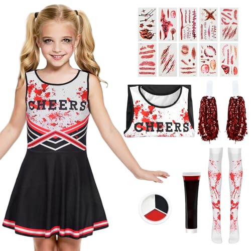 Moerstar Zombie Cheerleader Kostüm Mädchen Damen, Halloween Cheerleader Kostüm Set mit Pompons, Fake Blut, Tattoo, Socken, Verkleidung Halloween Karneval (Schwarz(Mädchen), M) von Moerstar