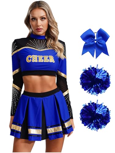 Moggemol Damen Cheerleading Kostüm Cheer Leader Rock Langarm Crop Top Pompons High School Musical Outfit Für Verkleidung Karneval Party Cosplay Fasching Halloween Blau XXL Moggemol Damen Cheerleading Kostüm Cheer Leader Rock Langarm Crop Top Pompons High School Musical Outfit Für Verkleidung Karneval Party Cosplay Fasching Halloween Blau XXL von Moggemol