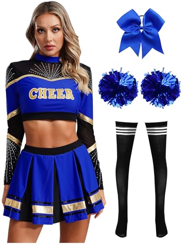 Moggemol Damen Cheerleading Kostüm Cheer Leader Rock Langarm Crop Top Pompons High School Musical Outfit Für Verkleidung Karneval Party Cosplay Fasching Halloween Blue&Black L Moggemol Damen Cheerleading Kostüm Cheer Leader Rock Langarm Crop Top Pompons High School Musical Outfit Für Verkleidung Karneval Party Cosplay Fasching Halloween Blue&Black L von Moggemol