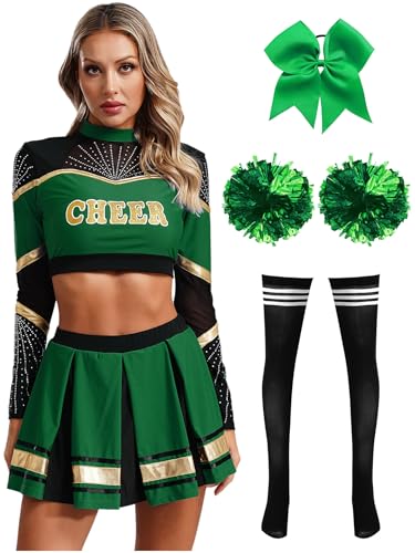 Moggemol Damen Cheerleading Kostüm Cheer Leader Rock Langarm Crop Top Pompons High School Musical Outfit Für Verkleidung Karneval Party Cosplay Fasching Halloween Green&Black S von Moggemol