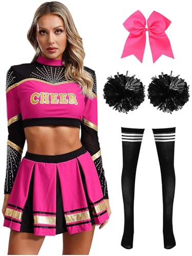Moggemol Damen Cheerleading Kostüm Cheer Leader Rock Langarm Crop Top Pompons High School Musical Outfit Für Verkleidung Karneval Party Cosplay Fasching Halloween Hot Pink&Black XXL Moggemol Damen Cheerleading Kostüm Cheer Leader Rock Langarm Crop Top Pompons High School Musical Outfit Für Verkleidung Karneval Party Cosplay Fasching Halloween Hot Pink&Black XXL von Moggemol