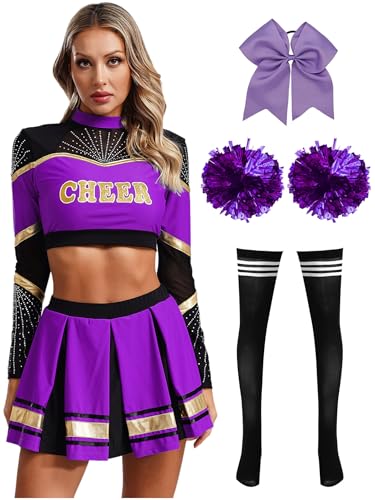 Moggemol Damen Cheerleading Kostüm Cheer Leader Rock Langarm Crop Top Pompons High School Musical Outfit Für Verkleidung Karneval Party Cosplay Fasching Halloween Purple&Black M Moggemol Damen Cheerleading Kostüm Cheer Leader Rock Langarm Crop Top Pompons High School Musical Outfit Für Verkleidung Karneval Party Cosplay Fasching Halloween Purple&Black M von Moggemol
