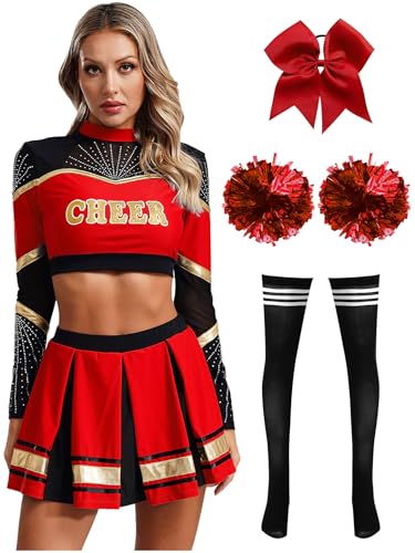 Moggemol Damen Cheerleading Kostüm Cheer Leader Rock Langarm Crop Top Pompons High School Musical Outfit Für Verkleidung Karneval Party Cosplay Fasching Halloween Red&Black M von Moggemol