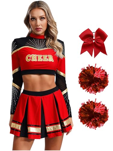 Moggemol Damen Cheerleading Kostüm Cheer Leader Rock Langarm Crop Top Pompons High School Musical Outfit Für Verkleidung Karneval Party Cosplay Fasching Halloween Rot L Moggemol Damen Cheerleading Kostüm Cheer Leader Rock Langarm Crop Top Pompons High School Musical Outfit Für Verkleidung Karneval Party Cosplay Fasching Halloween Rot L von Moggemol