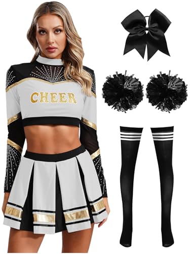 Moggemol Damen Cheerleading Kostüm Cheer Leader Rock Langarm Crop Top Pompons High School Musical Outfit Für Verkleidung Karneval Party Cosplay Fasching Halloween White&Black M Moggemol Damen Cheerleading Kostüm Cheer Leader Rock Langarm Crop Top Pompons High School Musical Outfit Für Verkleidung Karneval Party Cosplay Fasching Halloween White&Black M von Moggemol