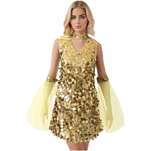 Moggemol ‌Damen Pailletten 70er Jahre Disco Kostüm Ärmelloses Aushöhlen Mini Kleid Hippie Kostüm mit abnehmbaren Mesh Schlagärmeln Gold XXL von Moggemol