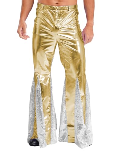 Moggemol Herren Shiny Metallic 70er Disco Hose Hippie Vintage Kostüm Tanz Rave Nachtclub Pailletten Schlaghose Club Party Schlaghose Gold XL Moggemol Herren Shiny Metallic 70er Disco Hose Hippie Vintage Kostüm Tanz Rave Nachtclub Pailletten Schlaghose Club Party Schlaghose Gold XL von Moggemol