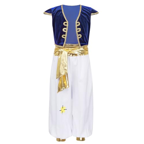 Moggemol Junge Prinz Kostüm Arabien Outfit Arabischer Prinz Halloween Party Cosplay Karneval Fotografie 3-16 Jahre Königsblau 122-128 von Moggemol