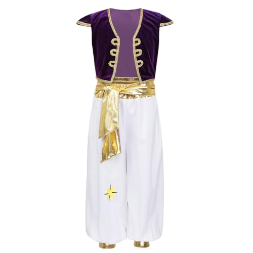 Moggemol Junge Prinz Kostüm Arabien Outfit Arabischer Prinz Halloween Party Cosplay Karneval Fotografie 3-16 Jahre Lila 164-176 von Moggemol