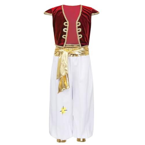 Moggemol Junge Prinz Kostüm Arabien Outfit Arabischer Prinz Halloween Party Cosplay Karneval Fotografie 3-16 Jahre Rot 98-104 von Moggemol