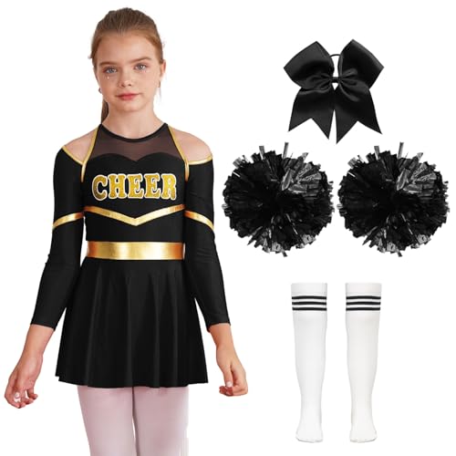 Moggemol Mädchen Cheer Leader Kostüm Halloween Cheerleading Kleid Mit Bommeln Schleife Haarspange Socken Geburtstag Party Geschenke A White&Black 170 von Moggemol