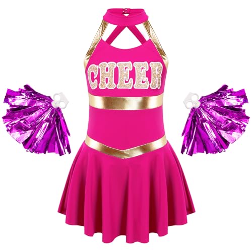 Moggemol Mädchen Pompon Girl Kostüm Outfit Für Mädchen Mit Minirock Und Tanzsocken Cheerleading Ensemble Sportkleidung Jazz Dance Kostüm Dunkelrosa 122-128 von Moggemol