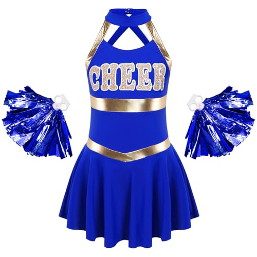 Moggemol Mädchen Pompon Girl Kostüm Outfit Für Mädchen Mit Minirock Und Tanzsocken Cheerleading Ensemble Sportkleidung Jazz Dance Kostüm Königsblau 170-176 von Moggemol