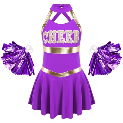 Moggemol Mädchen Pompon Girl Kostüm Outfit Für Mädchen Mit Minirock Und Tanzsocken Cheerleading Ensemble Sportkleidung Jazz Dance Kostüm Lila 170-176 von Moggemol