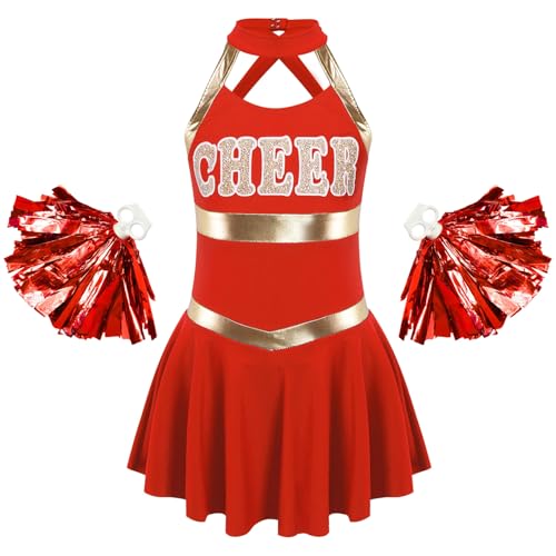 Moggemol Mädchen Pompon Girl Kostüm Outfit Für Mädchen Mit Minirock Und Tanzsocken Cheerleading Ensemble Sportkleidung Jazz Dance Kostüm Rot 134-140 von Moggemol