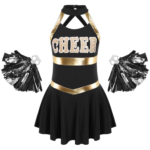 Moggemol Mädchen Pompon Girl Kostüm Outfit Für Mädchen Mit Minirock Und Tanzsocken Cheerleading Ensemble Sportkleidung Jazz Dance Kostüm Schwarz 146-152 von Moggemol