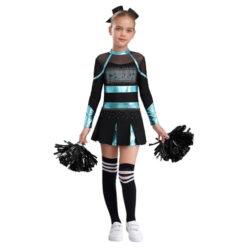 Moggemol Pompom Girl Kostüm Für Mädchen Kinder Mit Puscheln Socken Cosplay Karneval Halloween Show Blau Grün Schwarz 110-116 von Moggemol