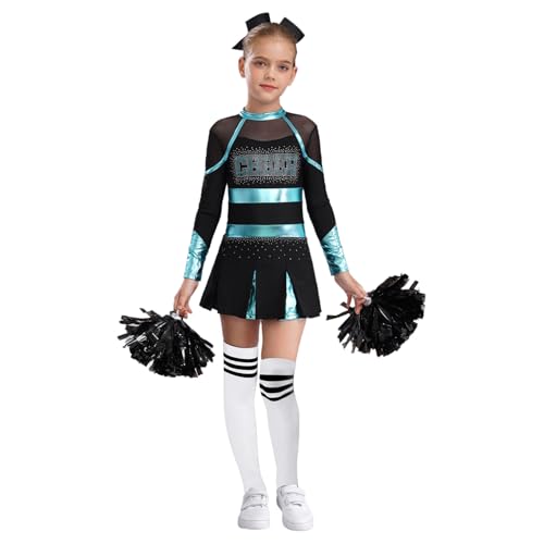 Moggemol Pompom Girl Kostüm Für Mädchen Kinder Mit Puscheln Socken Cosplay Karneval Halloween Show Blau Grün Weiß 146-152 von Moggemol