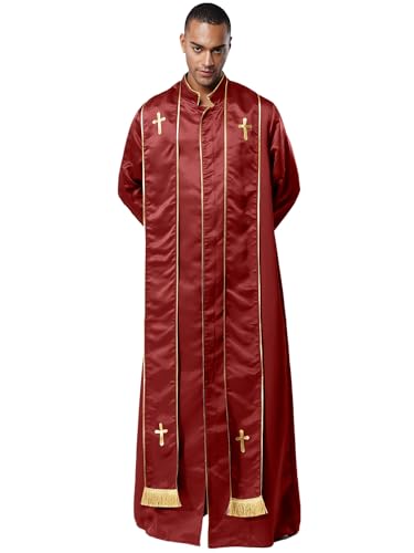 Moggemol Priester Kostüm Herren Robe mit Stola Stehkragen Langarm Frontreißverschluss Gold Kreuz Soutane Waden für katholischen Priester Halloween Cosplay von Moggemol