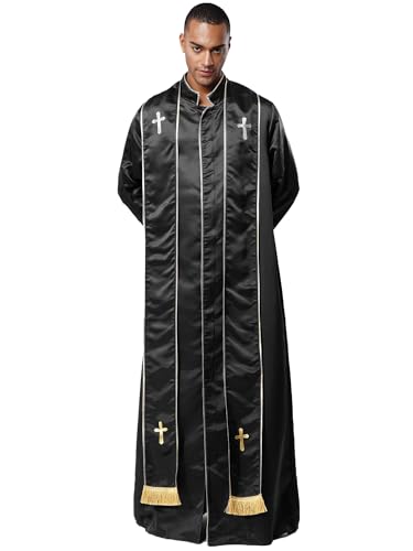 Moggemol Priester Kostüm Herren Robe mit Stola Stehkragen Langarm Frontreißverschluss Gold Kreuz Soutane Waden für katholischen Priester Halloween Cosplay von Moggemol
