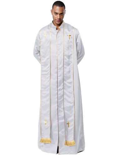 Moggemol Priester Kostüm Herren Robe mit Stola Stehkragen Langarm Frontreißverschluss Gold Kreuz Soutane Waden für katholischen Priester Halloween Cosplay von Moggemol