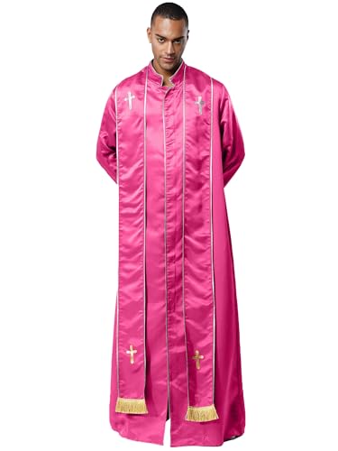 Moggemol Priester Kostüm Herren Robe mit Stola Stehkragen Langarm Frontreißverschluss Gold Kreuz Soutane Waden für katholischen Priester Halloween Cosplay von Moggemol