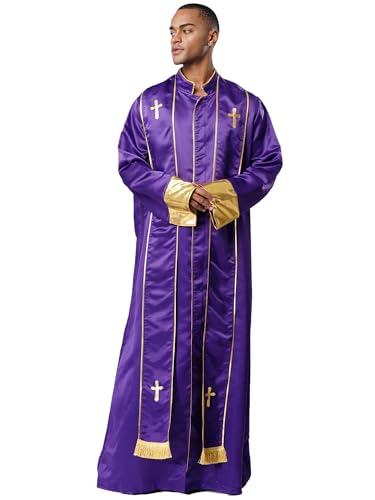 Moggemol Priester Kostüm Herren Robe mit Stola Stehkragen Langarm Frontreißverschluss Gold Kreuz Soutane Waden für katholischen Priester Halloween Cosplay von Moggemol