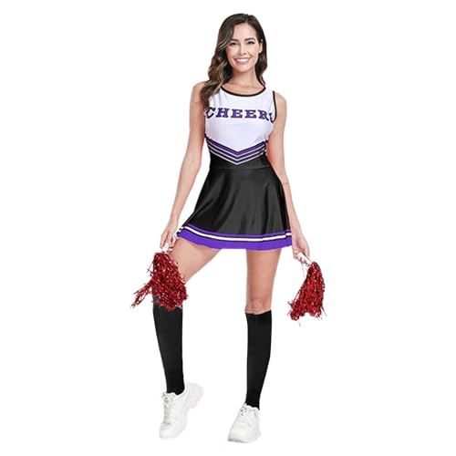 Moginp Cheerleader Kostüm, Cheerleader Kostüm Damen, Cheer-Uniform Cheerleader Costume Süßes Sexy Cheerleading-Outfit mit Pompons und Socken, für Mädchen Damen Karneval Party von Moginp