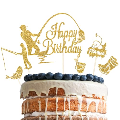 Moguri 6 Stücke Angler Cake Topper, Happy Birthday Tortendeko Fische Angeln Deko Geburtstag, Angler Tortenaufleger für Kuchen DIY Deko für Jungen Mann Geburtstagsparty,Gold Moguri 6 Stücke Angler Cake Topper, Happy Birthday Tortendeko Fische Angeln Deko Geburtstag, Angler Tortenaufleger für Kuchen DIY Deko für Jungen Mann Geburtstagsparty,Gold von Moguri