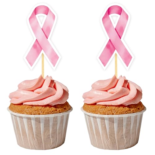 24 Stück Brustkrebs Bewusstsein Cupcake Toppers, Rosa Ribbon Kuchendeko, Rosa Schleife Tortendeko für Frauengesundheit, Brustkrebs, Breast Cancer Awareness Party Deko (Pink Ribbon) von Moitkptt