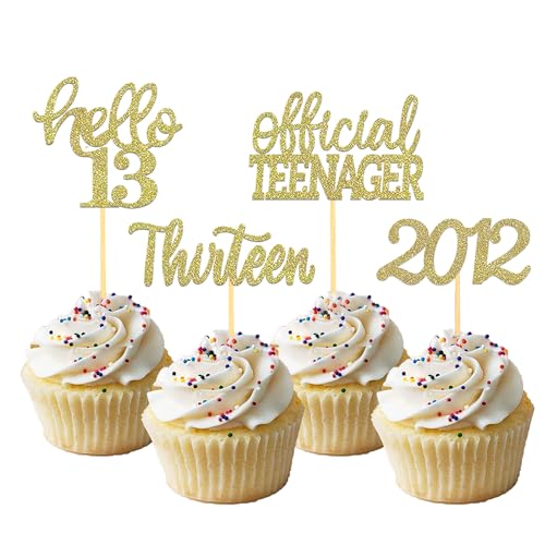 24 Stück Glitzer 13. Geburtstag Cupcake Topper, Geburtstagsdeko 13 von 2012 für 13. Geburtstag Junge, 13 Geburtstagsfeier Zubehör Party Dekoration Kuchendekoration (Gold) von Moitkptt