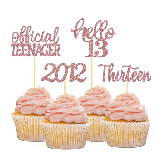 24 Stück Glitzer 13. Geburtstag Cupcake Topper, Geburtstagsdeko 13 von 2012 für 13. Geburtstag Junge, 13 Geburtstagsfeier Zubehör Party Dekoration Kuchendekoration (Rose Gold) von Moitkptt