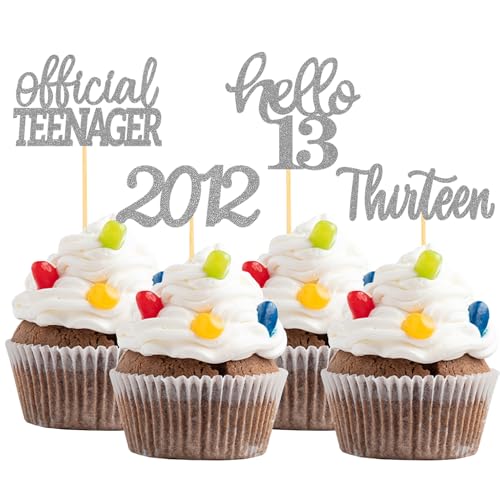24 Stück Glitzer 13. Geburtstag Cupcake Topper, Geburtstagsdeko 13 von 2012 für 13. Geburtstag Junge, 13 Geburtstagsfeier Zubehör Party Dekoration Kuchendekoration (Silber) von Moitkptt