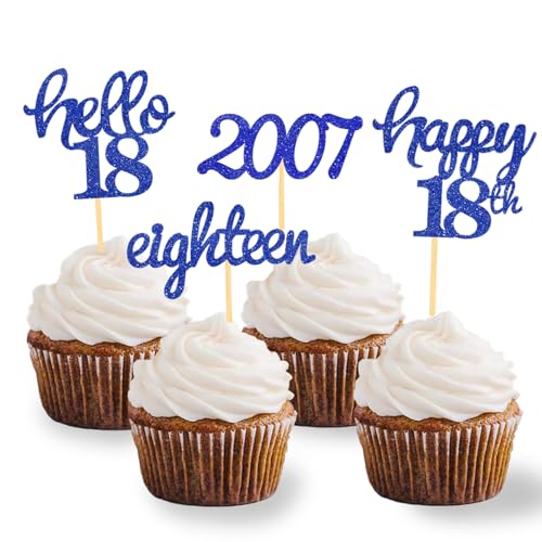 24 Stück Glitzer 18. Geburtstag Cupcake Topper, Geburtstagsdeko 18 von 2007 für 18. Geburtstag Junge, 18 Geburtstagsfeier Zubehör Party Dekoration Kuchendekoration (Blau) von Moitkptt