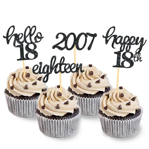 24 Stück Glitzer 18. Geburtstag Cupcake Topper, Geburtstagsdeko 18 von 2007 für 18. Geburtstag Junge, 18 Geburtstagsfeier Zubehör Party Dekoration Kuchendekoration (Schwarz) von Moitkptt