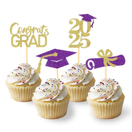 24 Stück Glitzer 2025 Graduation Cupcake Toppers, Abschlussfeier Cupcake toppers, Bachelor Hut Deko, Abschluss Deko für Graduation Abschlussparty Dekoration (lila & gold) von Moitkptt